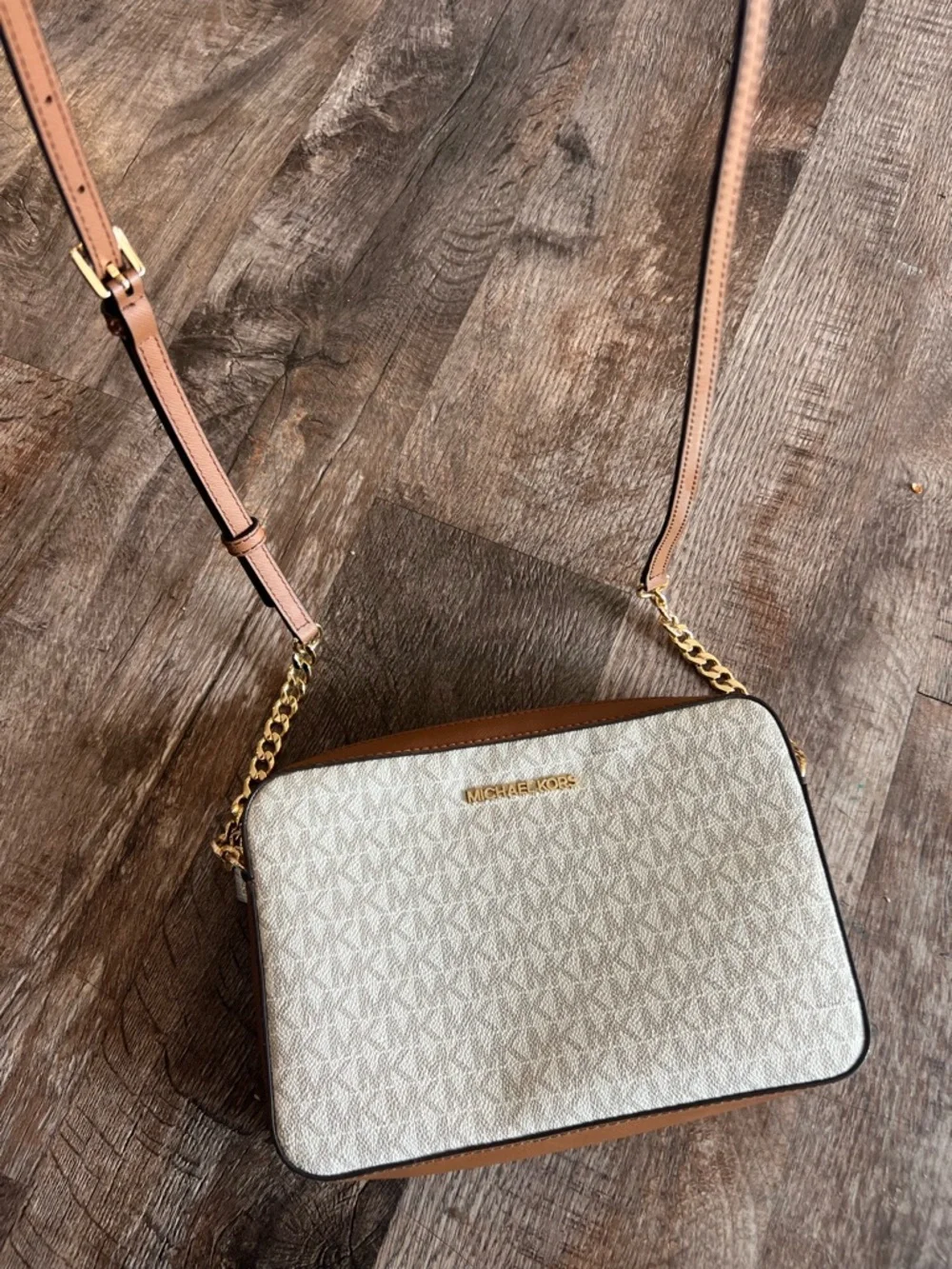 Michael Kors Cream & Tan Monogram Crossbody Bag - Picture 3 of 7